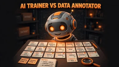 Vibrant 3D illustration of a glowing robot brain beside stacked labeled data cards in an orange and charcoal palette.