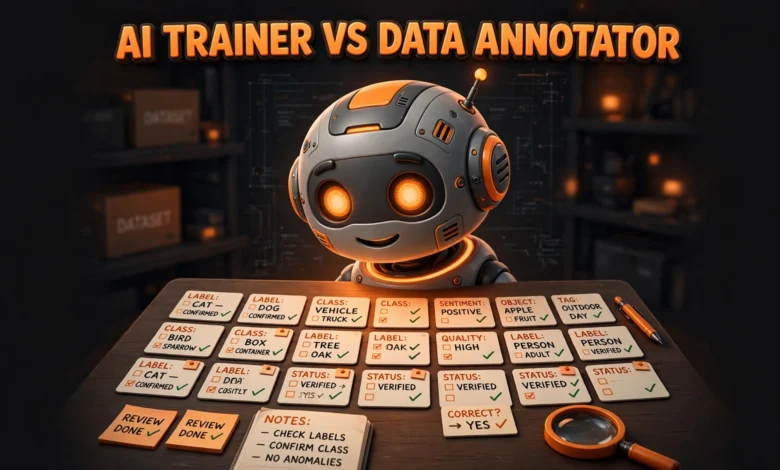 Vibrant 3D illustration of a glowing robot brain beside stacked labeled data cards in an orange and charcoal palette.