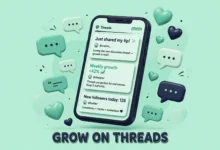 A vibrant 3D illustration of floating speech bubbles and a smartphone showing a Threads-style text feed, rendered in fresh mint green and deep dark ink tones.