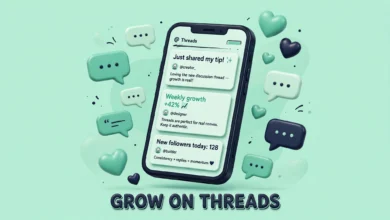 A vibrant 3D illustration of floating speech bubbles and a smartphone showing a Threads-style text feed, rendered in fresh mint green and deep dark ink tones.