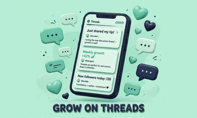 A vibrant 3D illustration of floating speech bubbles and a smartphone showing a Threads-style text feed, rendered in fresh mint green and deep dark ink tones.