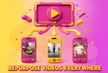 A vibrant 3D illustration of one video frame splitting into three glowing phones showing TikTok, Instagram Reels and YouTube Shorts, in a bold yellow and magenta palette.