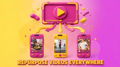 A vibrant 3D illustration of one video frame splitting into three glowing phones showing TikTok, Instagram Reels and YouTube Shorts, in a bold yellow and magenta palette.