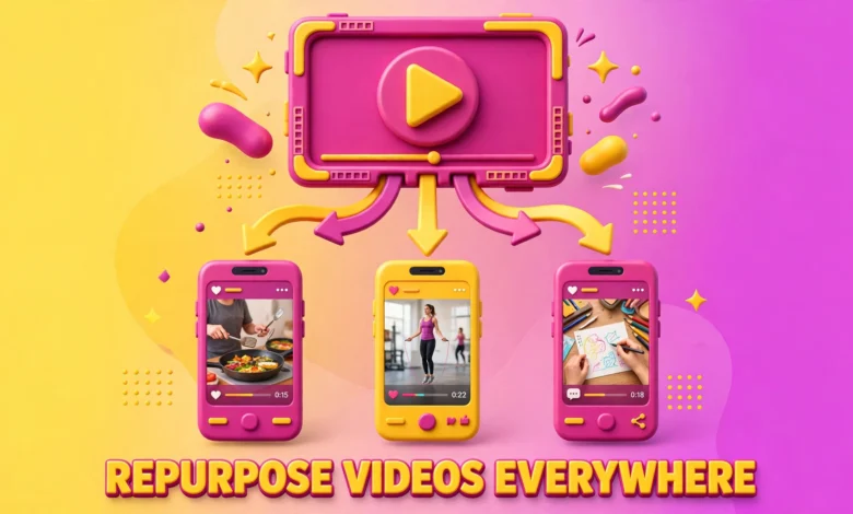 A vibrant 3D illustration of one video frame splitting into three glowing phones showing TikTok, Instagram Reels and YouTube Shorts, in a bold yellow and magenta palette.