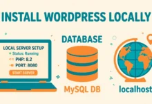 Flat illustration of installing WordPress on a local XAMPP server with a laptop and database icon