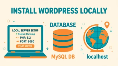 Flat illustration of installing WordPress on a local XAMPP server with a laptop and database icon