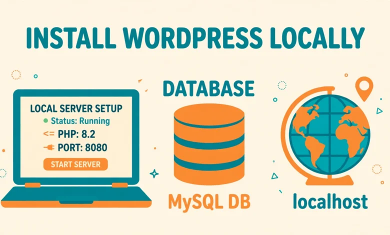 Flat illustration of installing WordPress on a local XAMPP server with a laptop and database icon