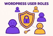Flat illustration of WordPress user roles with shield and user icons