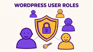 Flat illustration of WordPress user roles with shield and user icons