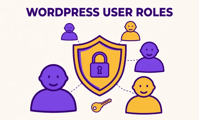 Flat illustration of WordPress user roles with shield and user icons