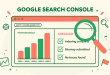 Flat illustration of Google Search Console analytics on a WordPress dashboard