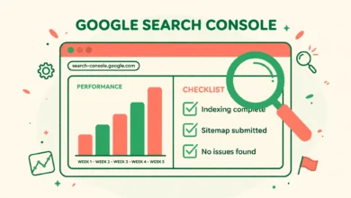 Flat illustration of Google Search Console analytics on a WordPress dashboard