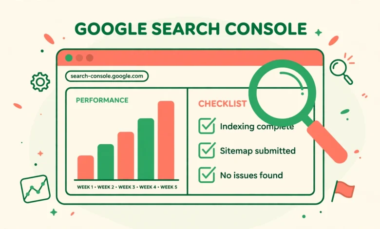 Flat illustration of Google Search Console analytics on a WordPress dashboard