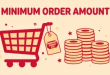 Flat illustration of a WooCommerce shopping cart with a minimum order price tag