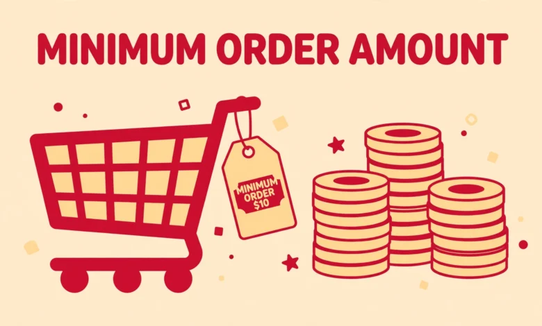Flat illustration of a WooCommerce shopping cart with a minimum order price tag