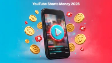 A vibrant 3D illustration of a smartphone playing a vertical Shorts video with glowing play button and dollar coins floating around it, in a bold red and cyan palette.