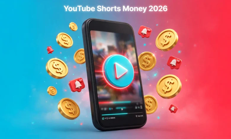 A vibrant 3D illustration of a smartphone playing a vertical Shorts video with glowing play button and dollar coins floating around it, in a bold red and cyan palette.