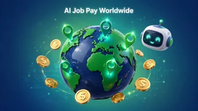 A vibrant 3D illustration of a globe with floating dollar coins and a robot head, surrounded by glowing map pins, in a bold green and navy palette.