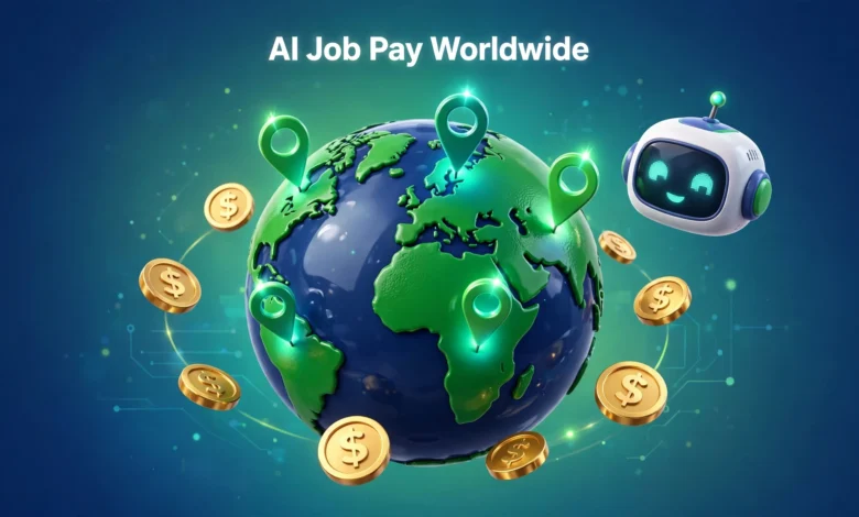 A vibrant 3D illustration of a globe with floating dollar coins and a robot head, surrounded by glowing map pins, in a bold green and navy palette.