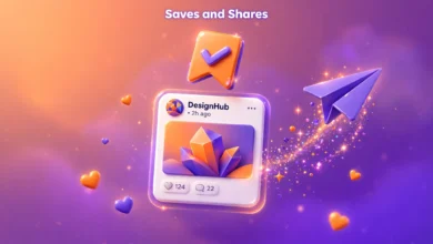 A vibrant 3D illustration of a glowing Instagram-style post card with a big bookmark and paper-plane share icon floating above it, in a bold orange and violet palette.
