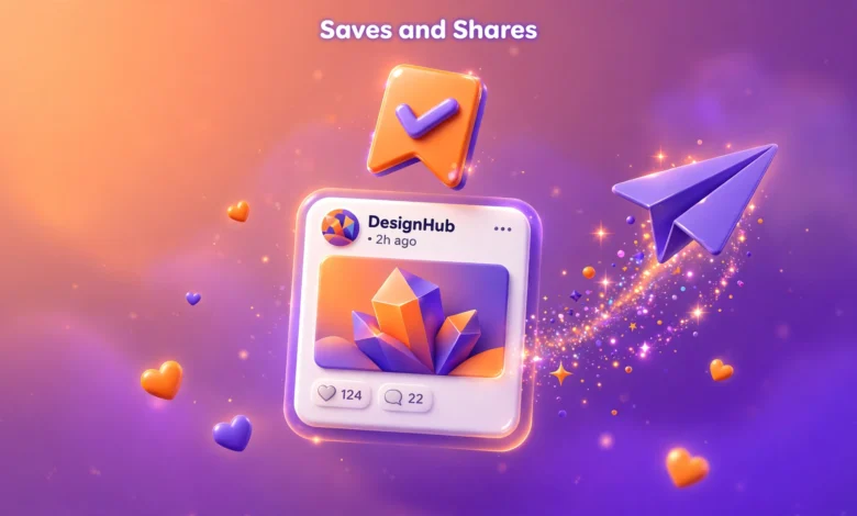 A vibrant 3D illustration of a glowing Instagram-style post card with a big bookmark and paper-plane share icon floating above it, in a bold orange and violet palette.