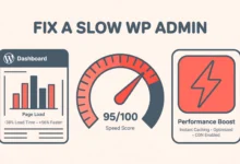 Flat illustration of a fast WordPress admin dashboard with speed gauges