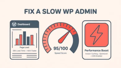 Flat illustration of a fast WordPress admin dashboard with speed gauges