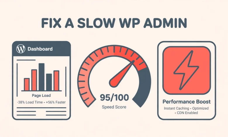 Flat illustration of a fast WordPress admin dashboard with speed gauges