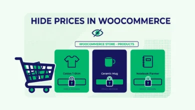 Flat illustration of a WooCommerce store with hidden product prices
