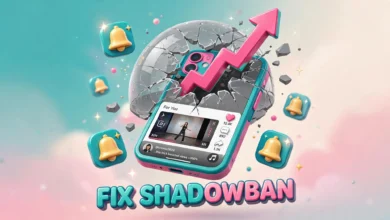 Vibrant 3D illustration of a smartphone showing TikTok analytics with a rising graph, symbolizing shadowban recovery