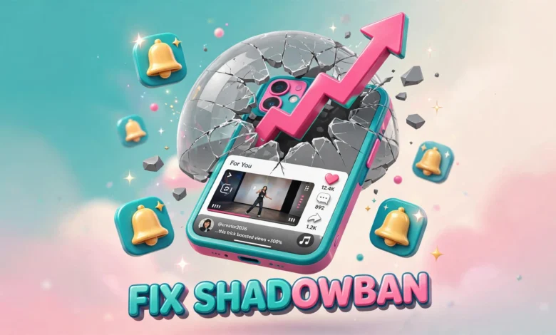 Vibrant 3D illustration of a smartphone showing TikTok analytics with a rising graph, symbolizing shadowban recovery