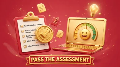 Vibrant 3D illustration of a focused person completing an online assessment on a laptop with a checklist and timer