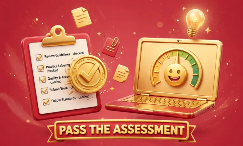 Vibrant 3D illustration of a focused person completing an online assessment on a laptop with a checklist and timer