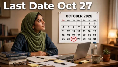VU student at a study desk with a laptop and an October 2026 wall calendar with 27 circled in red
