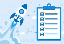 WordPress website launch checklist with a rocket launching