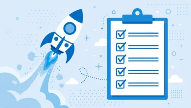 WordPress website launch checklist with a rocket launching