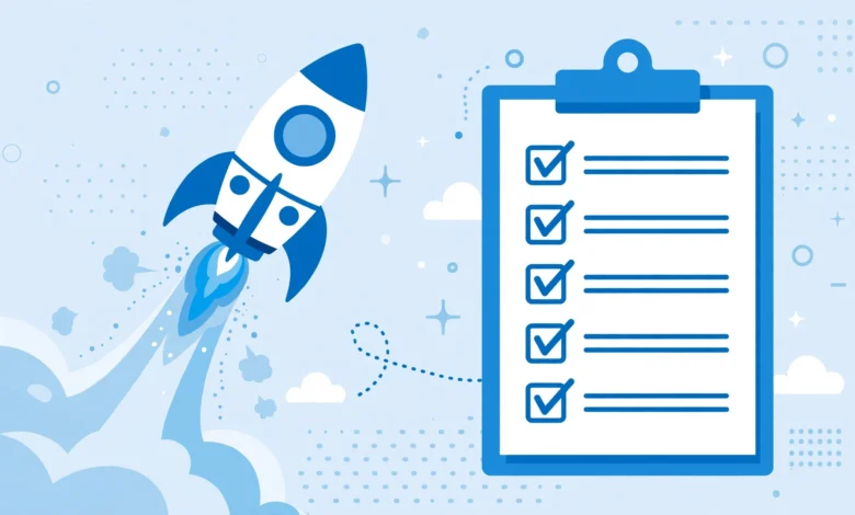WordPress website launch checklist with a rocket launching