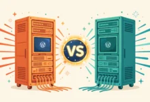 Flat illustration comparing Hostinger and Bluehost web hosting for WordPress.