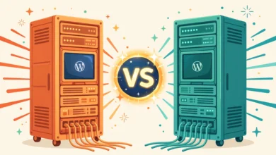 Flat illustration comparing Hostinger and Bluehost web hosting for WordPress.