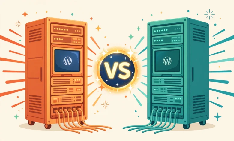Flat illustration comparing Hostinger and Bluehost web hosting for WordPress.